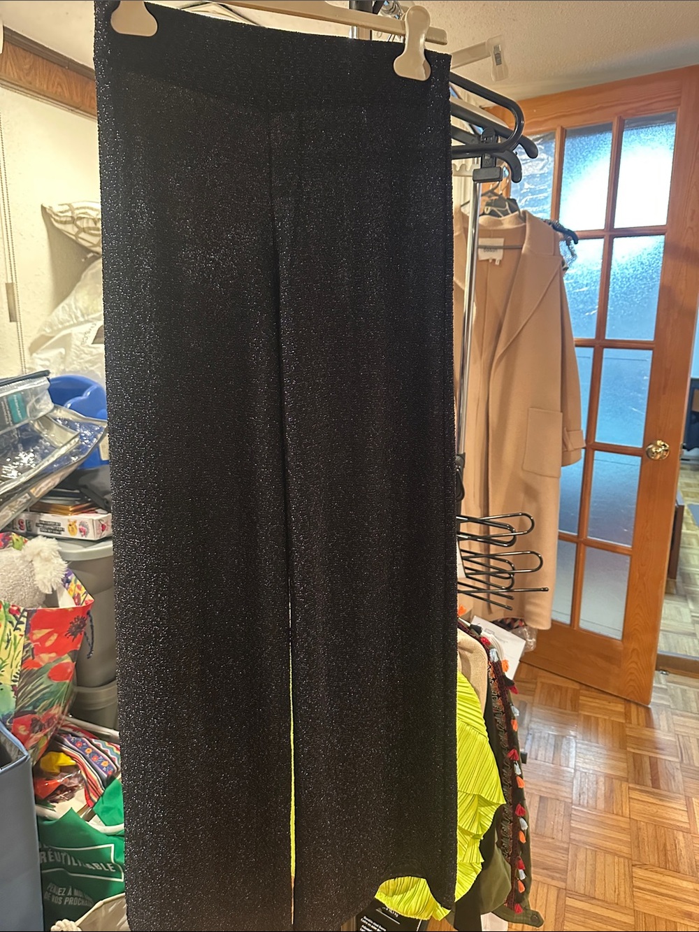 Glitter-Effect Wide Leg Pants - Black